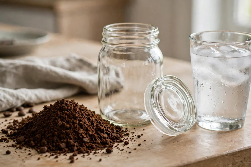 Coarse coffee grounds and cold water for cold brew