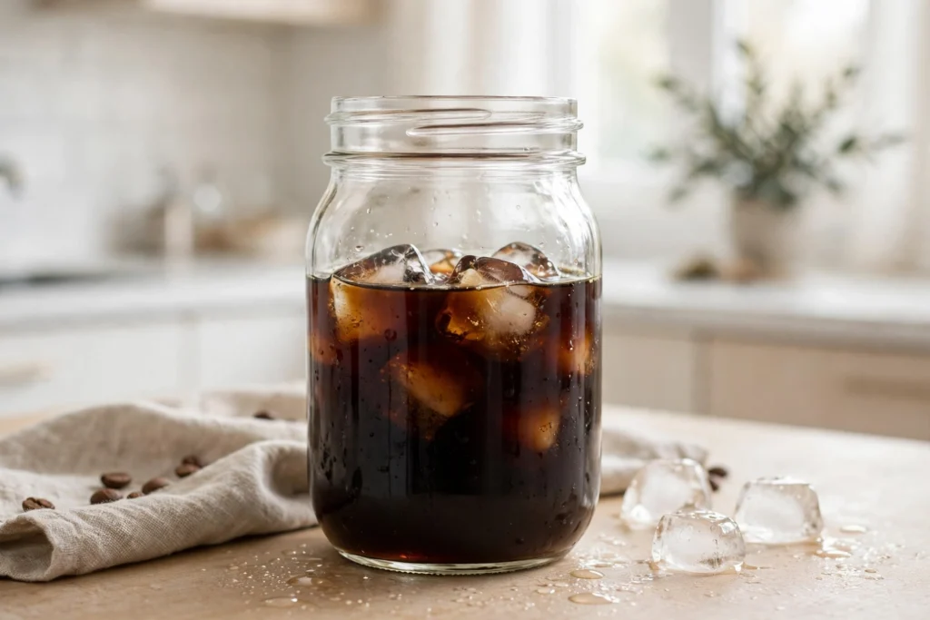 Glass jar of homemade cold brew coffee concentrate with ice
