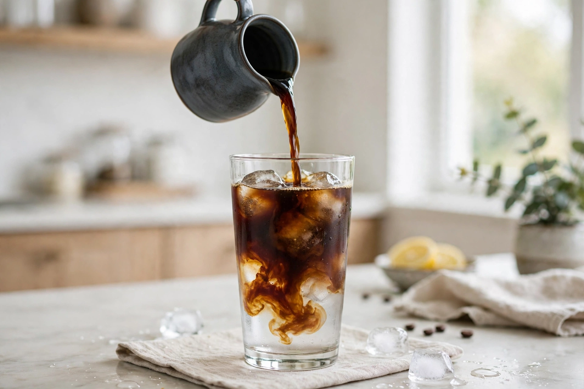 Pouring cold brew concentrate into a glass of ice and water