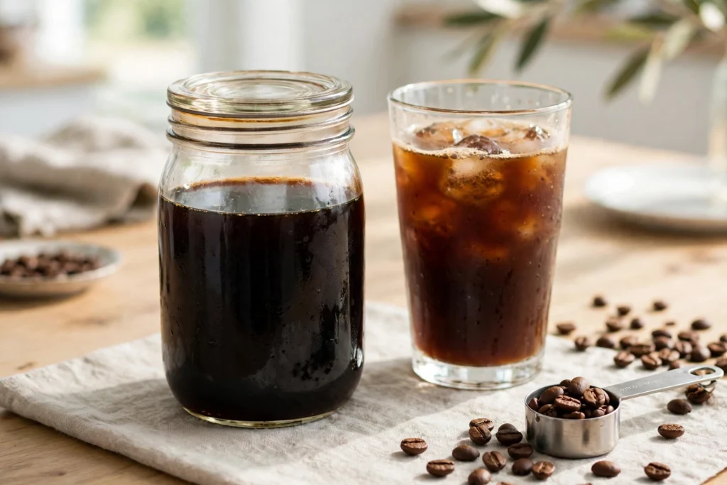 Jar of cold brew concentrate next to a glass of iced ready-to-drink cold brew