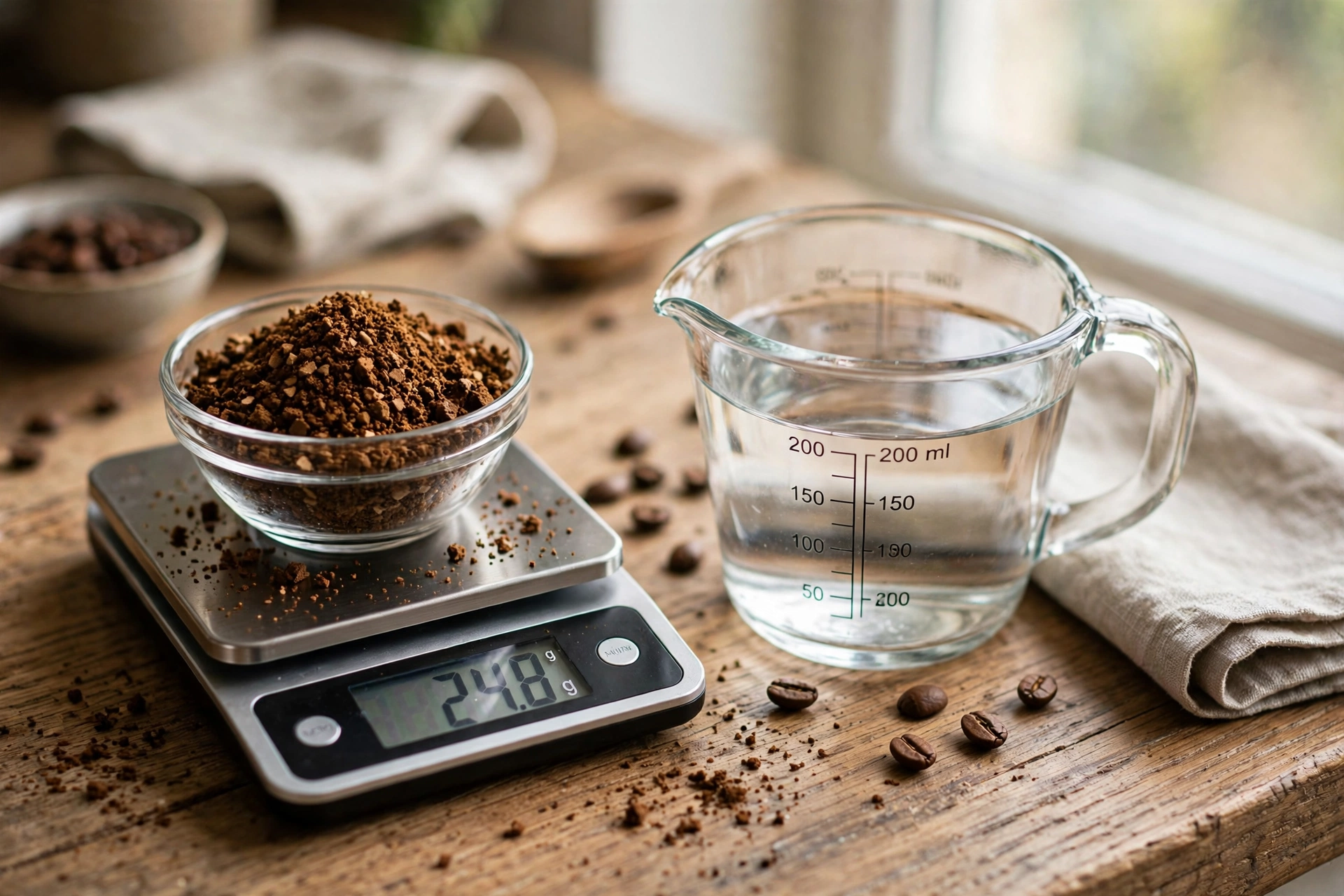 Coarsely ground coffee being weighed on a kitchen scale