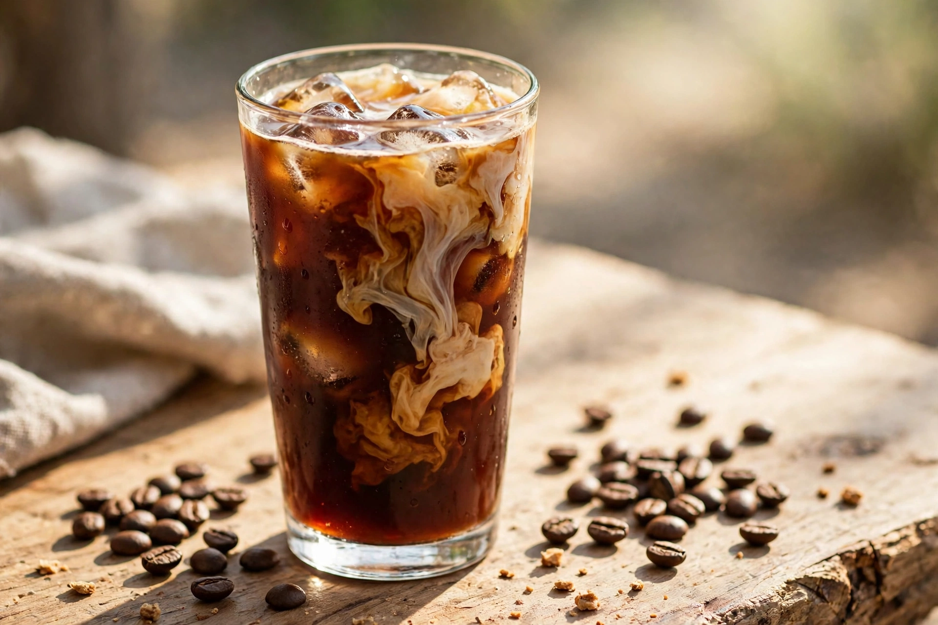 Tall glass of iced cold brew with milk