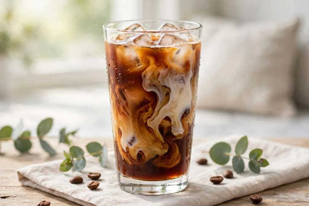 Cold brew coffee served over ice with milk