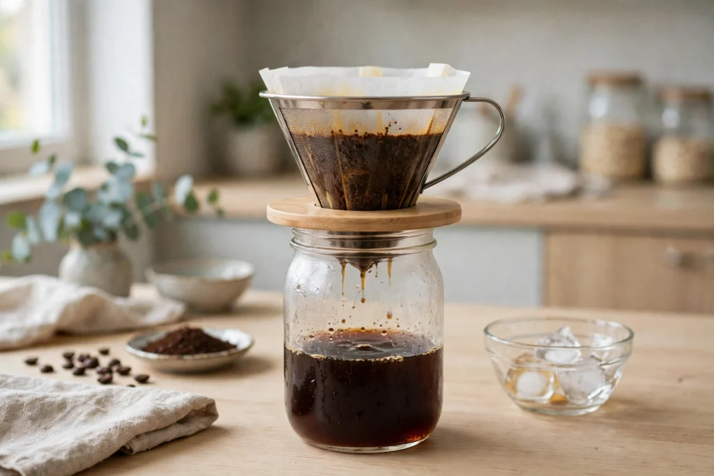 Straining cold brew coffee through a filter into a jar